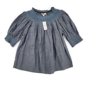 LOFT Womens Small Blouse Cotton Blue Smocked Peasant Puff Sleeve NWT